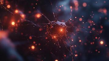 A detailed abstract visualization of a biological neuron featuring intricate connections amidst a field of bokeh lights. A dark background highlights. photo