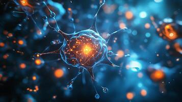 A vibrant neuron with intricate connections, glowing against a dark blue backdrop, representing biological processes and neural networks. photo