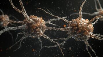 Close-up of two nerve cells, also known as neurons, against a dark backdrop with some small dots of light scattered around them. photo