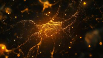 Abstract glowing network with connecting lines and nodes, resembling a neural network or cosmic web, against a dark backdrop. photo