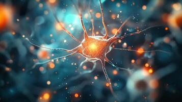 Detailed microscopic view of a neuron with glowing axon branches highlighting neural network communication and complexity. photo