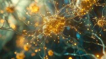 Detailed microscopic neuron with golden glowing synapses, representing neural networks, brain activity, and advanced medical technology. photo