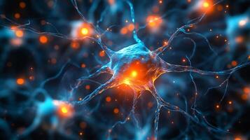 A vibrant, glowing neuron with connections radiating outward, conveying concepts like neural networks, cognition, and the central nervous system. photo