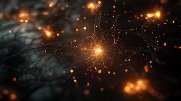 Glowing network of connected pathways with bright spots, evoking neural networks, digital systems or complex interrelationships. photo