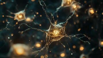 Detailed neuron rendering showcasing intricate connections, glowing center, and complex neural network. Abstract scientific representation. photo