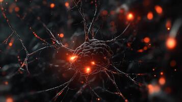 Detailed rendering of a neuron with glowing points, resembling a cell structure with intricate branches, set against a dark background. photo