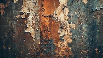 Abstract image featuring corroded metal, showcasing peeling paint layers and rust textures, creating a unique visual experience. photo