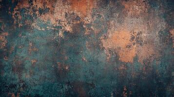 Abstract surface with a dynamic blend of orange, teal, and dark brown textures, creating an aged and weathered backdrop. photo