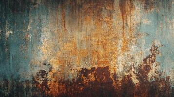 A weathered surface with oxidized textures, displaying a blend of rust and faded blue hues, offering an aesthetic of age and decay. photo