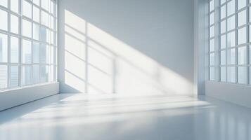 Bright white empty loft room interior with big windows. Studio space with sunlight streaming in. Minimalist design and serene atmosphere. photo