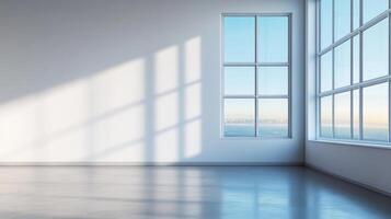 Sunlight streams through large windows illuminating an empty room with white walls and concrete floors, creating a sense of openness and calm. photo
