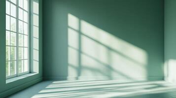 Sunlight streams into a minimalist room, creating an interplay of light and shadow on the wall and floor, serene and inviting space. photo