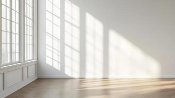 A bright, empty room with a large window casting shadows across the wall and floor, perfect for showcasing furniture or design concepts. photo