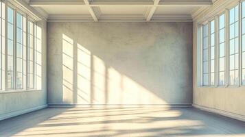 Sunlit room with natural light pouring through large windows, creating shadows on the wall and illuminating the wooden floor. photo