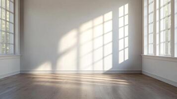 Sunlight streaming through windows illuminates an empty room, creating a bright and inviting space on hardwood floors with walls. photo