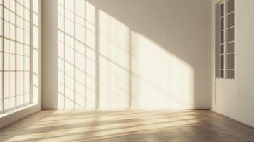 Bright, airy room interior with sunlight streaming through windows, creating a warm and inviting atmosphere. photo