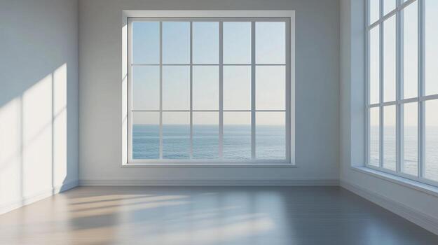 Minimalist room with large window framing serene ocean view. Light streams in, illuminating the clean, open space, creating a peaceful ambience. photo