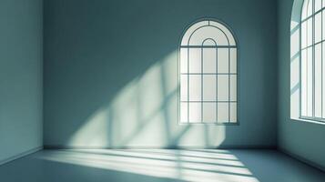 Sunlight streams through arched windows into an empty room, creating patterns of light and shadow on the floor and walls. Simple and serene. photo
