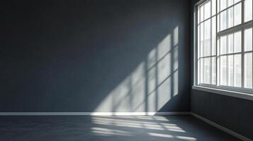 Empty room with light streaming in from window, casting shadows on the wall and floor. Minimalist interior design and dark color scheme. photo