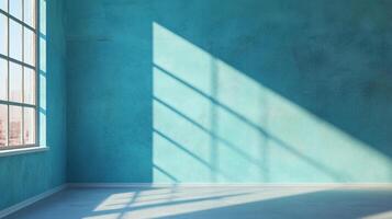 Sunlight streams into a blue room, creating a minimalist and tranquil atmosphere with light and shadow interplay. photo