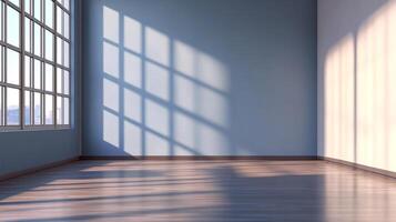 Bright modern interior with sunlight streaming through a large window, creating patterns on the wood floor and blue wall. Spacious, minimal design. photo