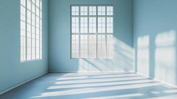 Sunlight streams through windows, illuminating a serene, empty room with a soft, diffused light, creating a peaceful atmosphere. photo