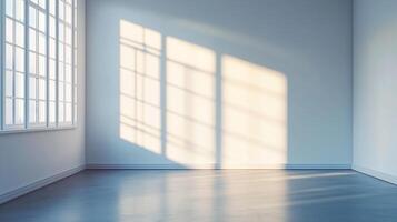 Sunlight streams through the window, casting shadows across the white wall and into the modern minimalist room, adding a touch of warmth. photo