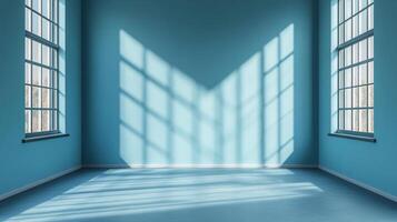 A modern, sunlit room painted in calming blue hues, emphasizing tranquility and spaciousness, with light creating geometric patterns. photo