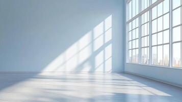 Sunlight streams through large windows illuminating an empty room, creating abstract patterns on the walls and floor. Serene, calm atmosphere. photo