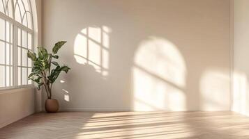 Sunlit room corner with a large plant, creating inviting shadows on the wall, enhancing the serene and spacious atmosphere. photo