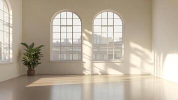 Bright room interior with sunlight streaming through arched windows and a potted plant adds a touch of nature, enhancing the minimalist aesthetic. photo
