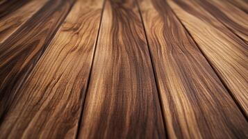 Close-up shot of a wooden surface with beautiful grain patterns. The wood has a dark brown color with lighter streaks that run across the surface. photo
