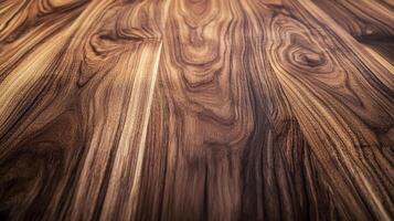 Close-up of a wooden surface showing natural grain patterns, with rich brown tones and unique textures. The wood is smooth and polished. photo