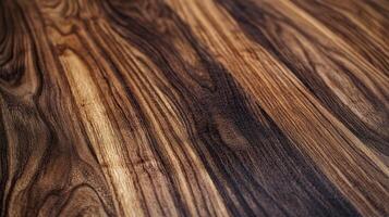 Dark wooden surface showcases its natural grain. A captivating play of light and shadow enhances the texture and depth of the wood grain. photo
