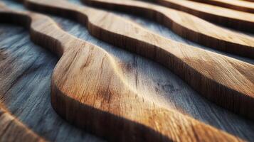 Textured wood surface with curved patterns, showcasing the natural grain and warm color variations with soft, diffused light. photo