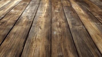Close-up view of wooden floorboards with visible grain and texture, creating a rustic and natural pattern with blurred background. photo