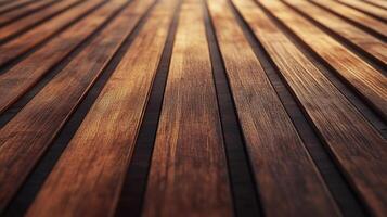 Angled view of a hardwood floor or table. The parallel wooden planks exhibit warm tones and intricate grain patterns. photo