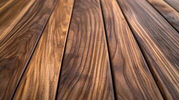 Close-up view of a rich, dark wooden surface featuring parallel boards with intricate grain patterns, showcasing depth and texture. photo