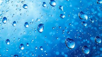 Macro shot of water droplets on a blue surface, creating a visually appealing and refreshing abstract pattern with varied sizes and shapes. photo