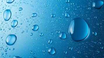 Water droplets on a smooth, cool blue surface. A close-up captures the reflections and refractions within each droplet. Clean and refreshing. photo
