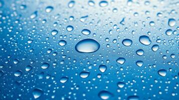 A mesmerizing macro shot captures the essence of water droplets clinging to a vibrant blue surface, showcasing delicate reflections and texture. photo