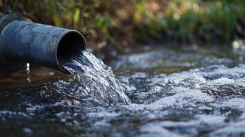 Water flows from a pipe into a stream, creating a dynamic display of movement and reflection in a natural setting with blurred background. photo
