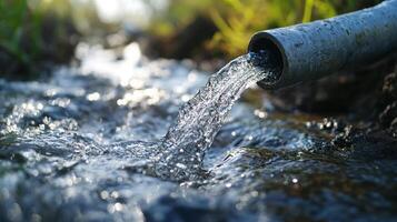 Water flowing from a pipe into a stream, showcasing clean water source and the beauty of nature's resources with a bokeh light. photo