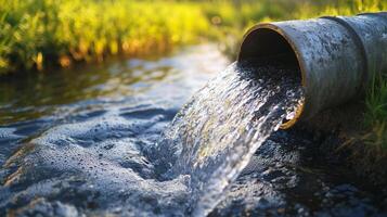 Water flowing from a pipe into a stream, creating ripples and bubbles. Lush greenery surrounds the water's edge, showcasing natural beauty. photo