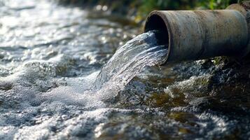 agua fluido desde un oxidado tubo dentro un arroyo, creando ondas y burbujas en el agua. ambiental impacto y conservación. foto