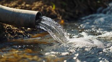 Water flows from a gray pipe into a creek, creating motion and texture. Sunlight reflects off the water's surface and bubbles. photo