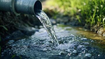 Water flows freely from a metal pipe into a stream, creating ripples and bubbles in a sunny, grassy environment. photo