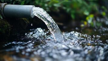 Water pours from a gray pipe into a rippling stream. The water is clear and clean with green foliage behind, it's a serene and pure scene. photo