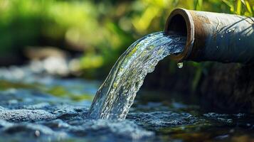 Water flowing from a pipe into a stream, creating ripples and bubbles, with greenery in the background. photo