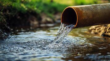 Water flows from a weathered pipe into a stream. The natural setting provides a stark contrast to the metallic structure, creating a visual interest. photo
